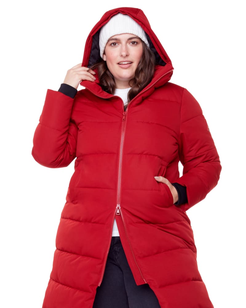 Front of a model wearing a size 1X Vegan Down Ultra Long Length Parka in RED by Alpine North US. | dia_product_style_image_id:279116